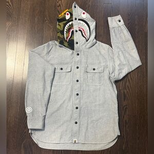 Grey BAPE Shark Hooded Denim Shirt